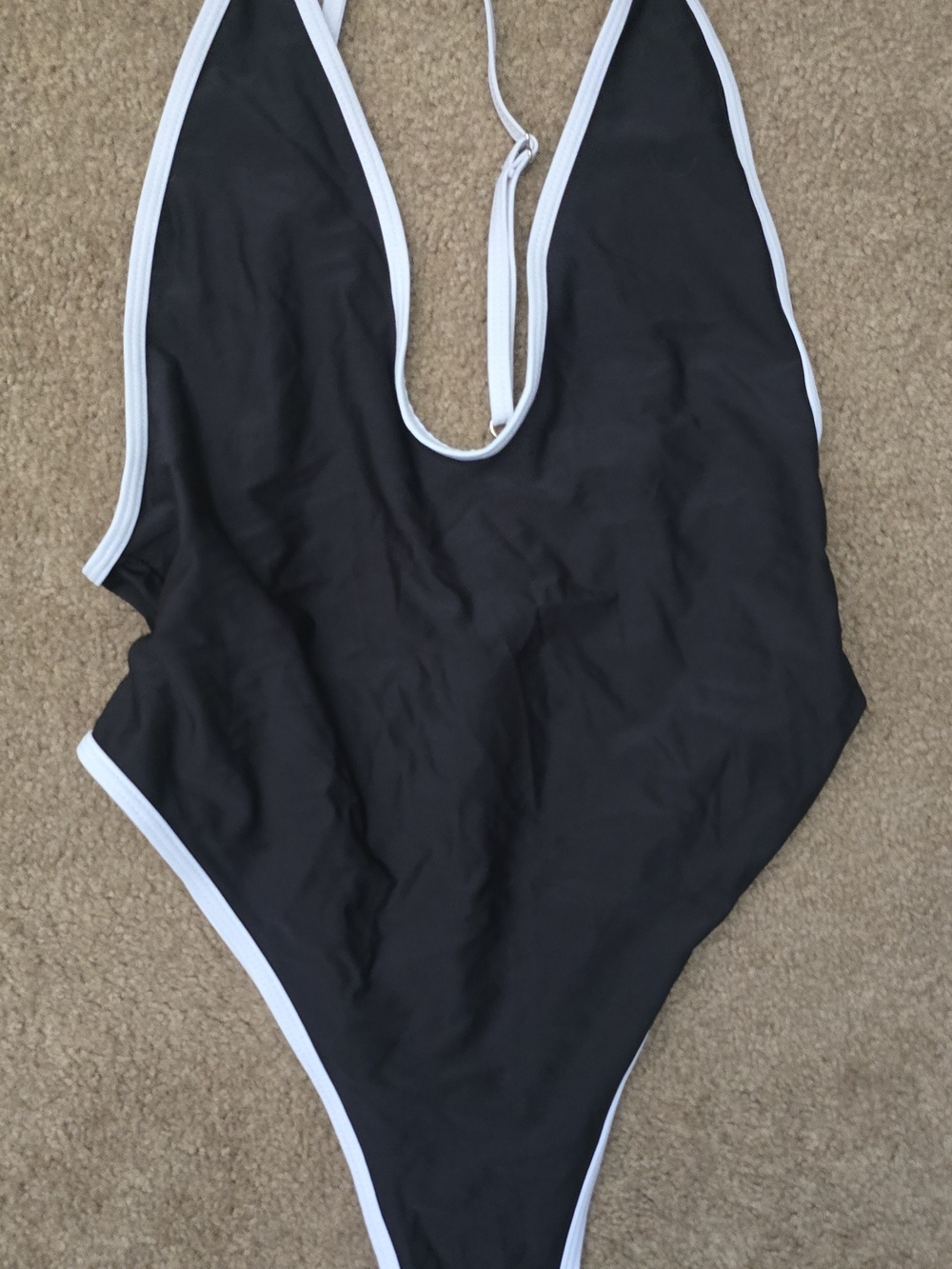 Classic Black One-Piece Swimsuit with White Trim High Wasted Thong